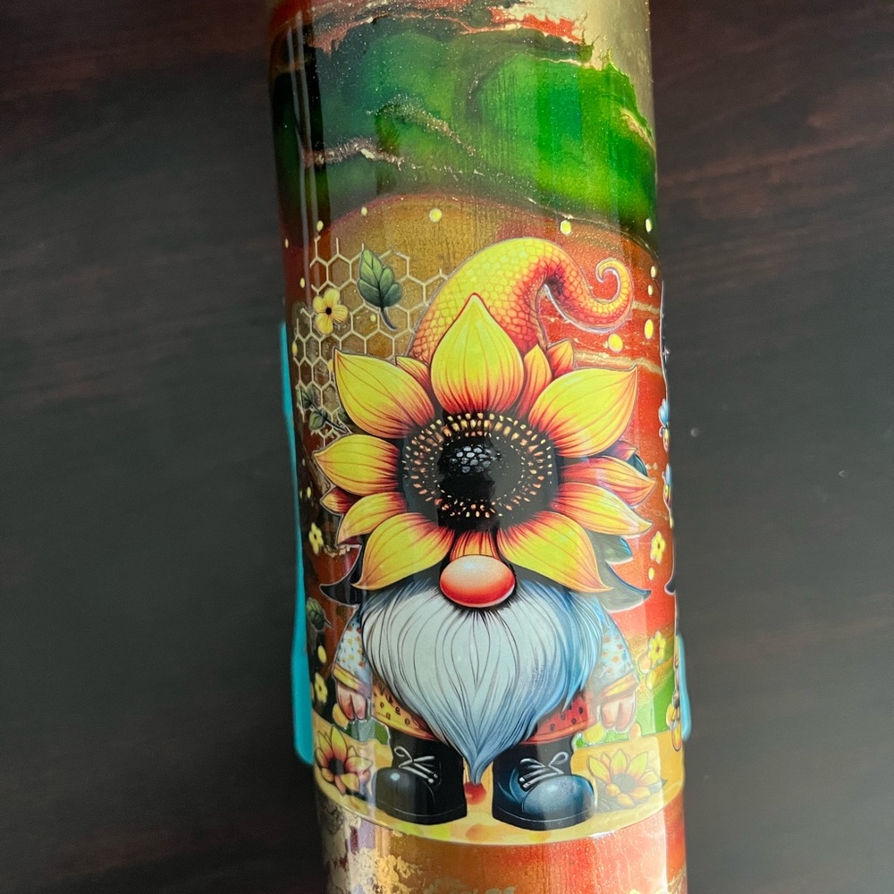 Colorful Gnome Tumbler with Sunflower Design